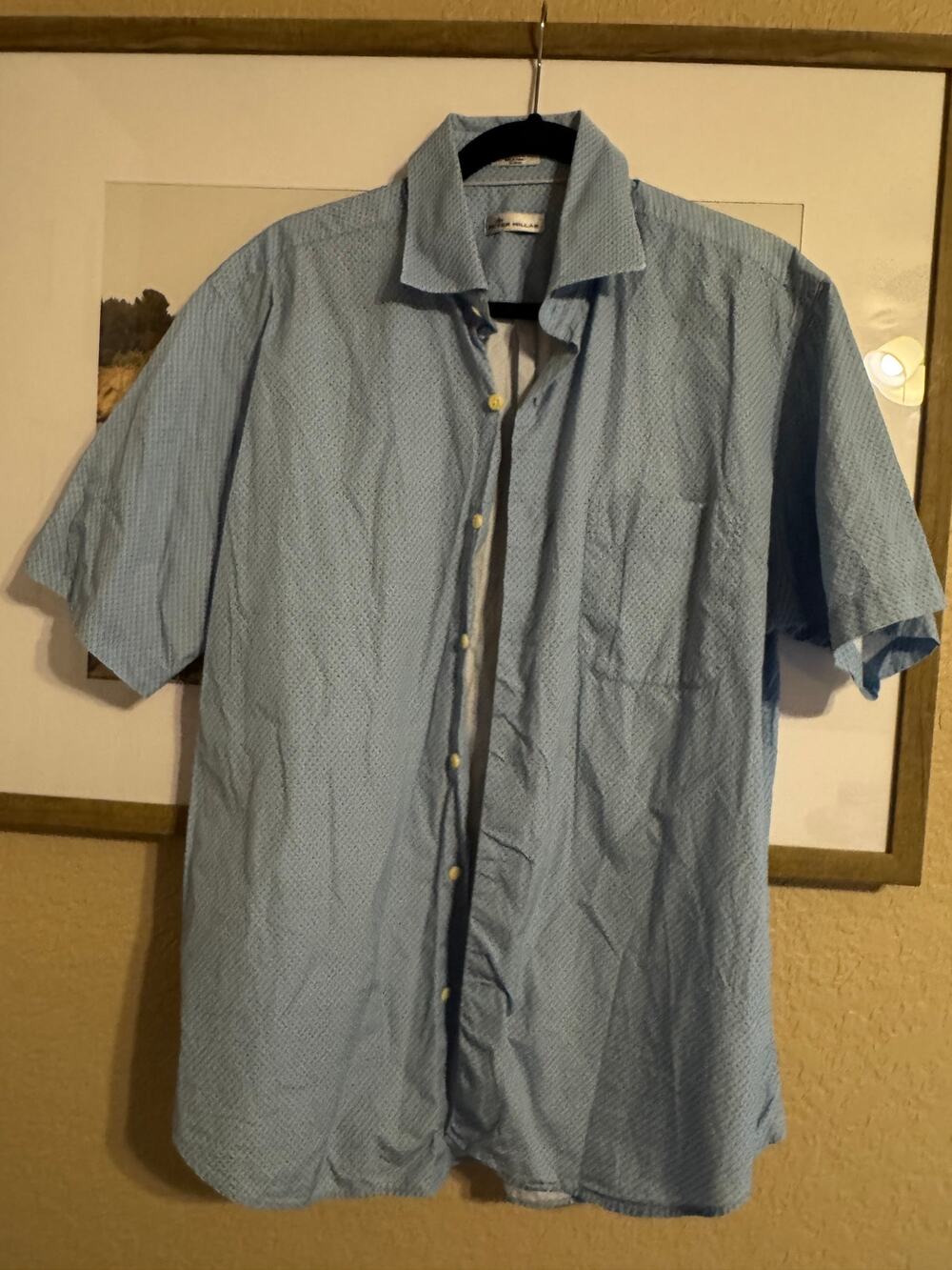 Peter Millar Men's Large Blue Micro Paisley Cotton Short Sleeve Button Up Shirt